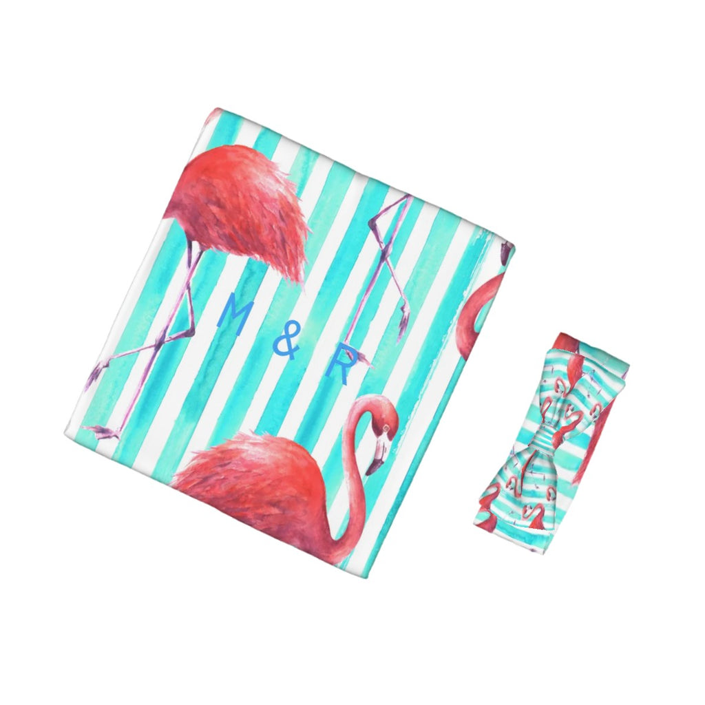Flamingo Baby Swaddle Blanket & Bow Headband Set | 0–6 Months