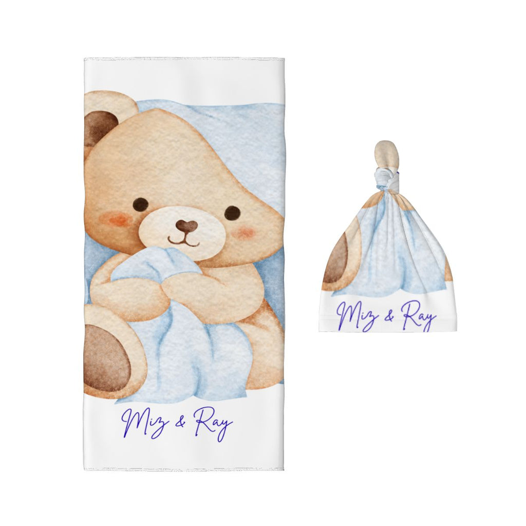Blue Bear Baby Swaddle Blanket & Beanie Hat Set | 0–6 Months