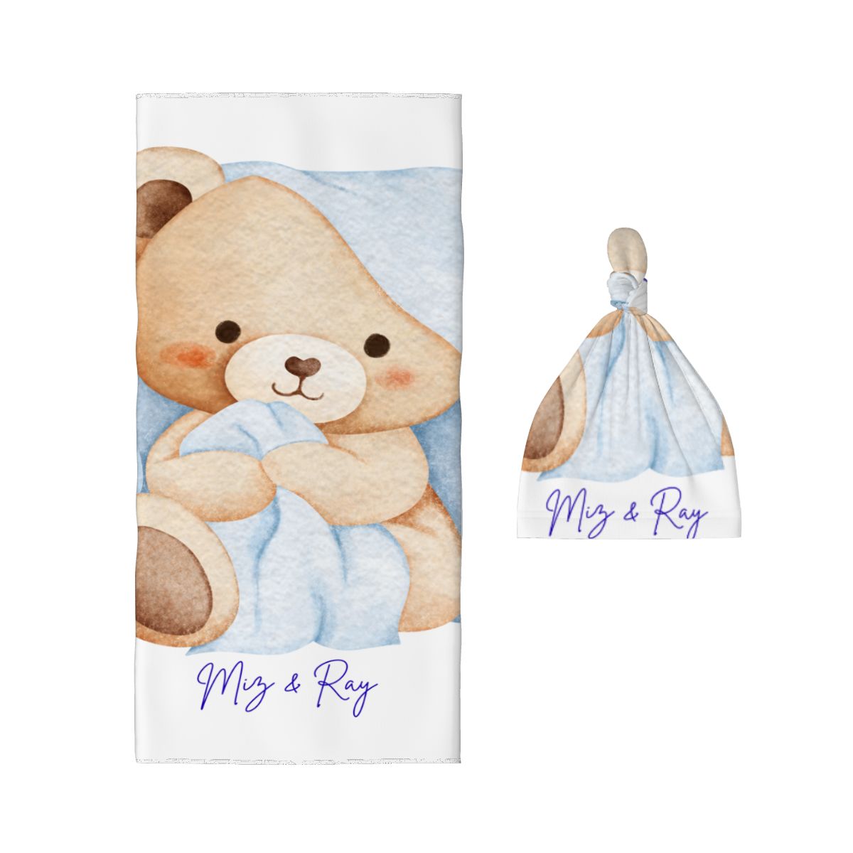 Blue Bear Baby Swaddle Blanket & Beanie Hat Set | 0–6 Months